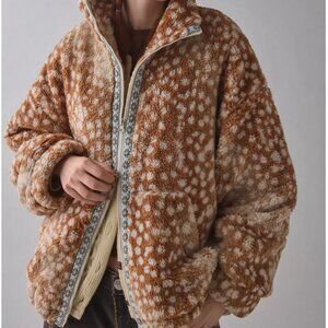 BDG Mae Printed Piled Fleece Zip-Up Jacket, Fawn Print, Size Medium, NWT